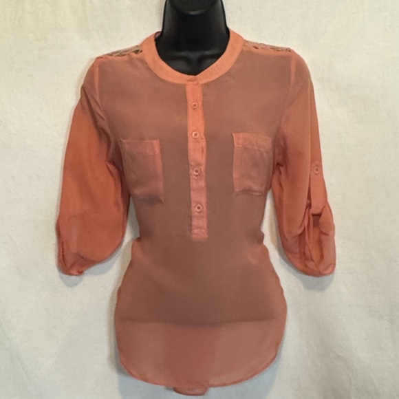 H-12 Xaxi Pink Lace Detail 1/2 Sleeve Pullover‎ Blouse Size S - Picture 1 of 14